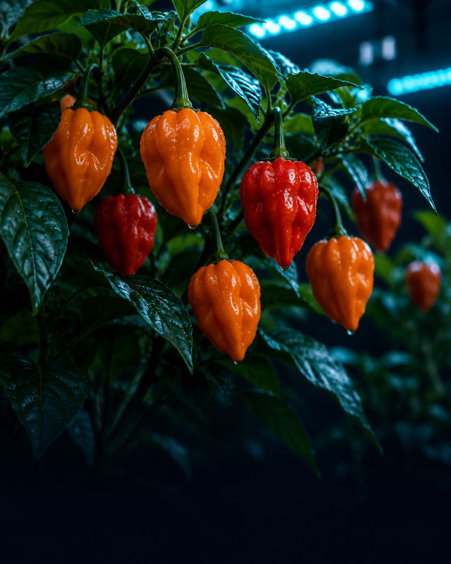 Ripe orange and red habanero peppers on the plant, under indoor grow lights