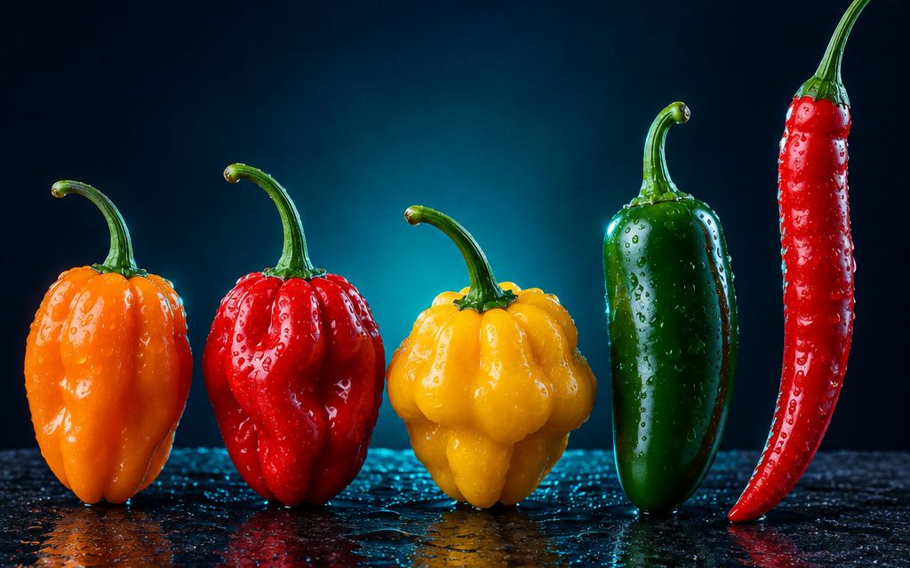 Five fresh hot peppers in a row: orange, red, yellow, green and long red